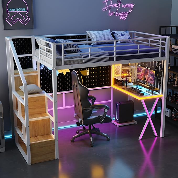 Merax Twin Size Metal Loft Bed with Built-in Work Station, Wardrobe, Storage Staircase and LED, Gaming Bed for for Kids Teens Adults, Full-Length Guardrails, No Box Spring Needed, White