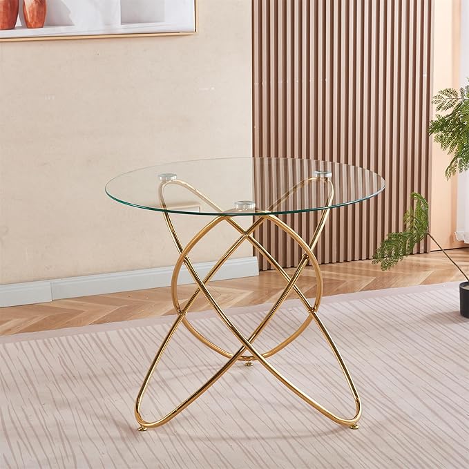 35.4" Round Dining Table for 4, Modern Clear Glass Kitchen Table for 4 with Gold Metal Legs, Compact Small Circle Dining Room Leisure Tables for Kitchen Apartment