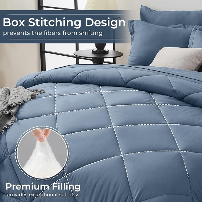 HEVUMYI Dusty Blue Full Comforter Set - 7-Piece All Season Bed in a Bag Full, Ultra Soft Bedding Set with Comforter, Flat Sheet, Fitted Sheet, Pillowcases, Pillow Shams