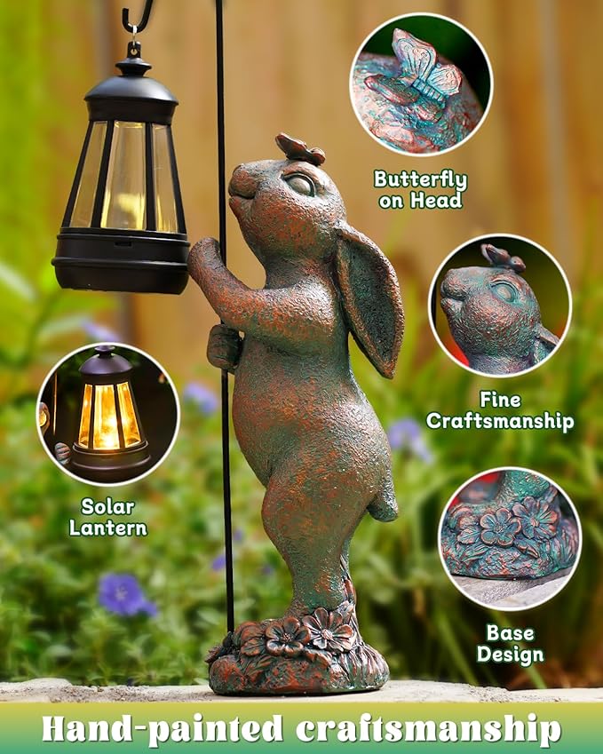 Garden Statues Outdoor Bunny with Solar Lantern – Rabbit Yard Decor, Waterproof Resin Figurine Pathway Light for Lawn & Patio