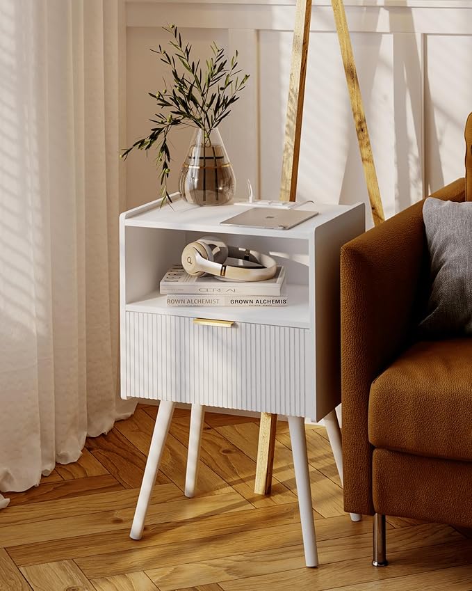White Nightstand with Outlet,Modern Bedside Table with Storage Drawer and Open Wood Shelf, for Living Room, Bedroom and Small Spaces, Accent Night Stand with Solid Wood Legs, Easy Assembly
