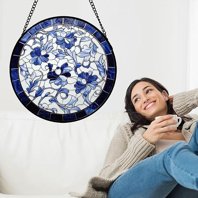 Stained Glass Window Hanging, Blue and White Abstract Flowers Sun Catcher for Door Home Decor Suncatcher Christmas Mother's Day Birthday Gifts for Women Men Mom and Nana 9.8 in