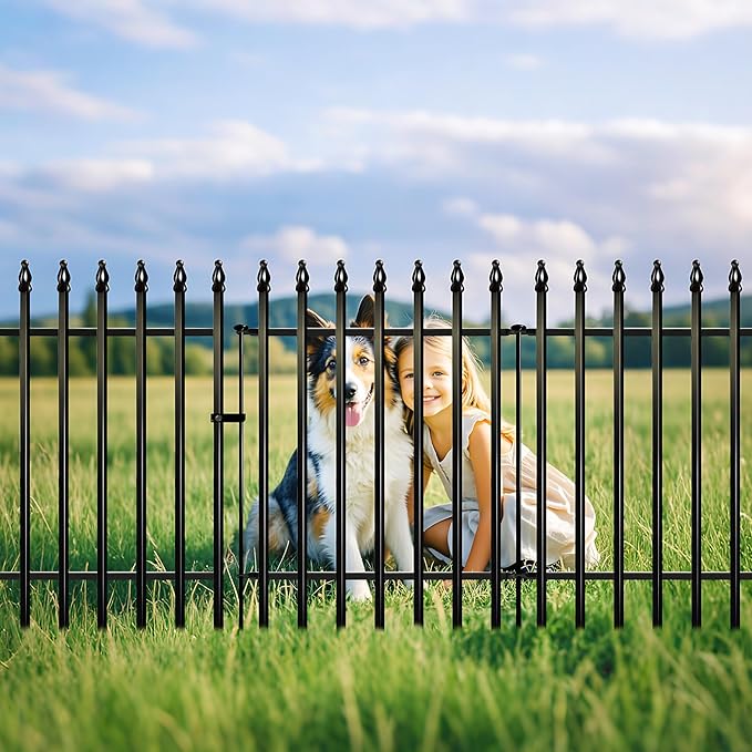 Metal Garden Fence 32 in H x 24 in W 5 Panels (4 Panels + 1 Gate) Total Length 10 ft, No Need Dig Rustproof Animal Barrier Fencing Border Fence for Dog, Patio,Yard, Landscape, Flower Bed