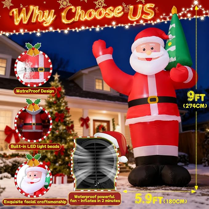 9 FT Waving Christmas Santa Claus Inflatable Outdoor Decoration for Yard,Outdoor Christmas Decoration Inflatable Santa Claus Outdoor with LED Lights for Garden Lawn Home Indoor Winter Holiday Party