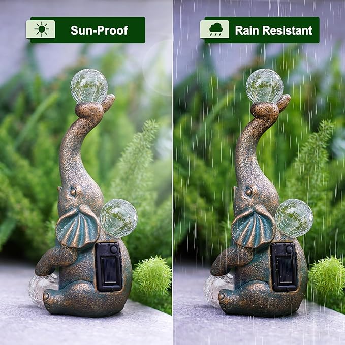 MININOVA Garden Decor Outdoor Statues Elephant with Cracked Glass Balls, Cute Solar Figurine for Patio, Lawn, Yard Art Ornament Decorations (15 LED Lights)