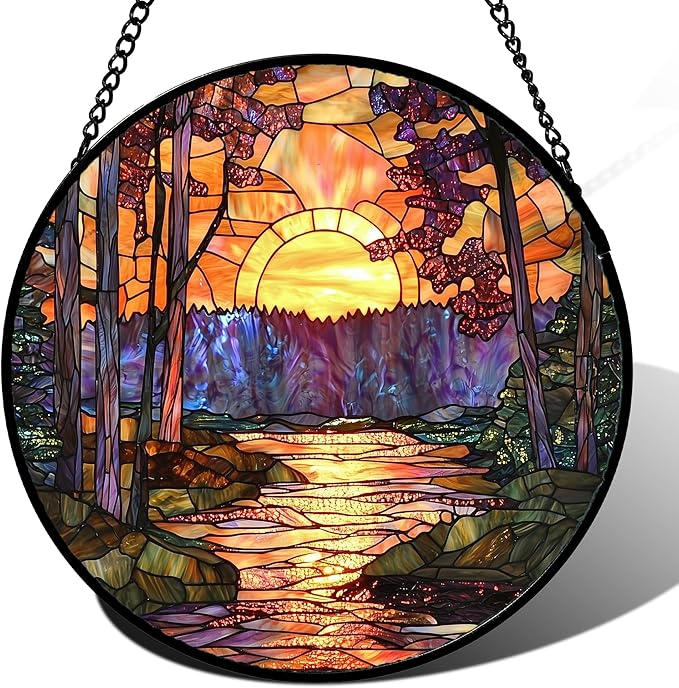 Stained Glass Window Hanging, Orange Landscape Green Purple Lake Forest Suncatcher for Doors Window Home Sun Catchers Decor Mother's Day Birthday Gifts for Women Men Mom 6.3 in