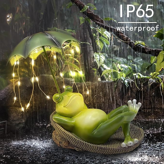 Solar Frog Garden Decor Outdoor Statue - Frogs Umbrella LED Waterproof Sculptures Lights, Cute Frog Pond/Yard Statues Outside Decoration, Home, Lawn, Patio, Resin Animal Ornament, Women/Gardening Gift