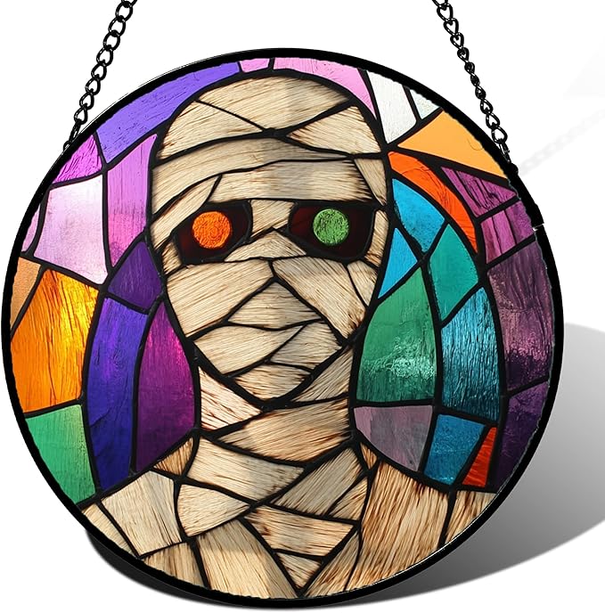Stained Glass Window Hanging Halloween Abstract Colorful Mummy Large 15" - Suncatcher Door Garden Sun Catcher Gothic Decor Birthday Horror Funny Gift for Mom Woman Nana Friend Men