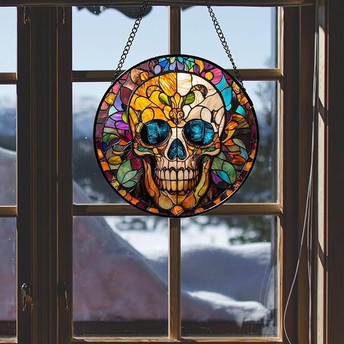 Stained Glass Window Hanging Halloween Retro European Colorful Skull Large 11.8" - Suncatcher Door Garden Sun Catcher Gothic Decor Birthday Horror Funny Gift for Mom Woman Nana Friend Men