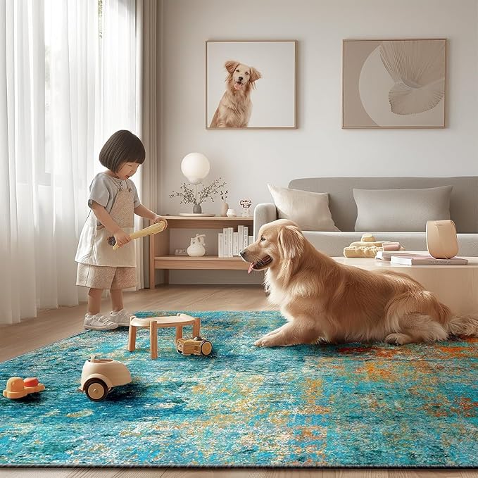 Washable Area Rugs 8ft Non-Slip Modern Abstract Soft for Living Room Entryway Bedroom Nursery, Print Pattern, Teal Blue Green Orange Rust Red Colorful