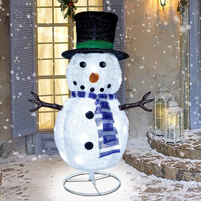 Dynaming 31.5 Inch Lighted Snowman Christmas Decorations, 45 LED Pre-Lit Light up Snowman with Top Hat, Collapsible Pop up Snowman for Outdoor Indoor Home Yard Garden Lawn Holiday Xmas Party