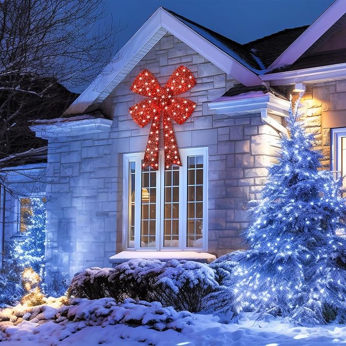 Lighted Giant Christmas Bows Decoration - HOYECHI Lighted Large Outdoor Bows for Wreaths, Outdoor Hanging Christmas Decorations, LED Holiday Yard Décor with 105 Lights - Red