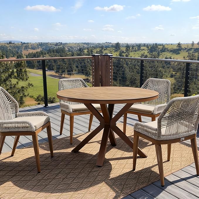 PURPLE LEAF 5 Pieces Round Dining Set Patio Aluminum Modern Oversize Round Table and Wicker Chairs with Cushions for Kitchen Porch Garden Outdoor Furniture Sets