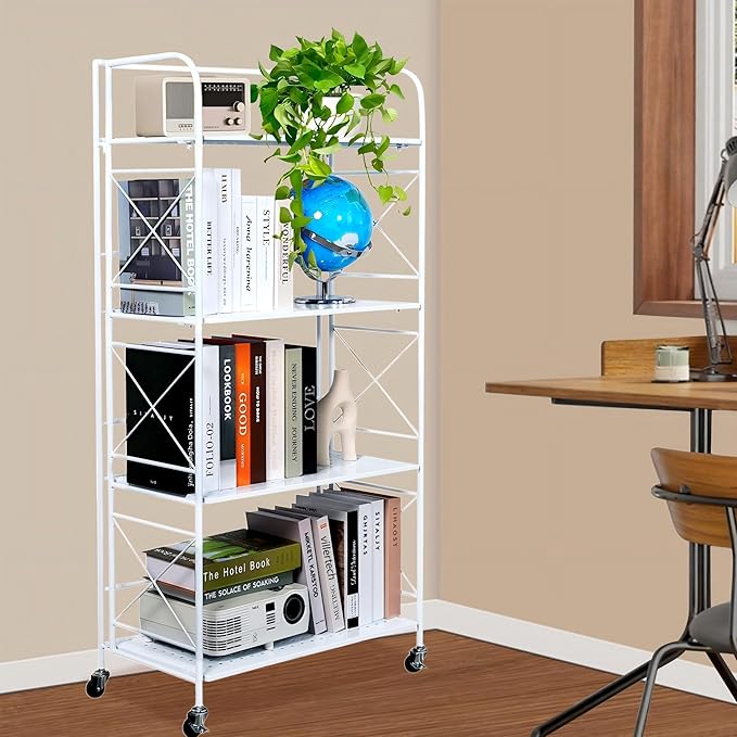 Foldable 4-Tier Metal Shelf with Wheels - Folding Bookshelf Unit for Living Room, Kitchen, Study 12.6" D x 23.6" W x 46.8" H, Glossy White