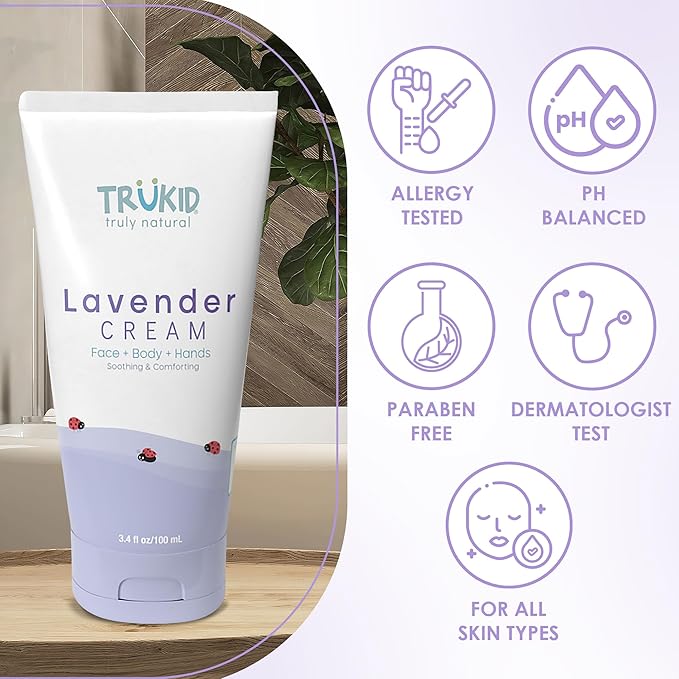 TruKid Lavender Cream - Sensitive Skin Baby Lotion for Newborns, Babies & Toddlers, All Natural Ingredient Skin Care for Kids Enriched with Shea Butter, Cocoa, Grape Seed Oil & Vitamin E, 3.4oz