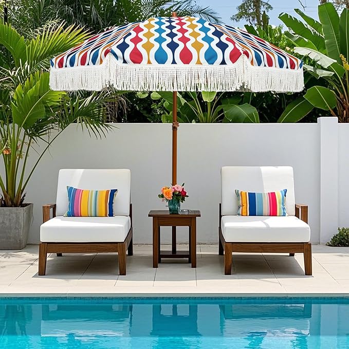 AMMSUN 7ft Patio Umbrella with Fringe Outdoor Tassel Umbrella UPF50+ Premium Steel Pole and Ribs Push Button Tilt, Wave Colorful