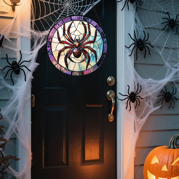 Stained Glass Window Hanging - Halloween Decorations Red Spider Goth Suncatcher for Doors Garden Indoor Funny Spooky Sun Catchers Gothic Decor Horror Gifts for Women Men Friend 11.8 in