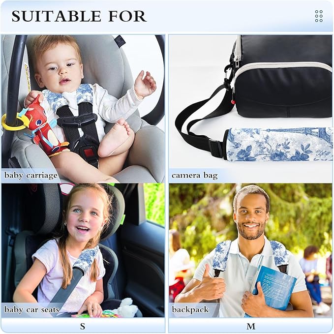 2 Pack Seatbelt Covers Seat Belt Cover Pad for Adults Boys Girls Car Seat Strap Covers Pads Cushion Universal Shoulder Strap Pad Protector for Backpack Camera Bag 6.5 Inch Blue Roses and Eiffel Tower