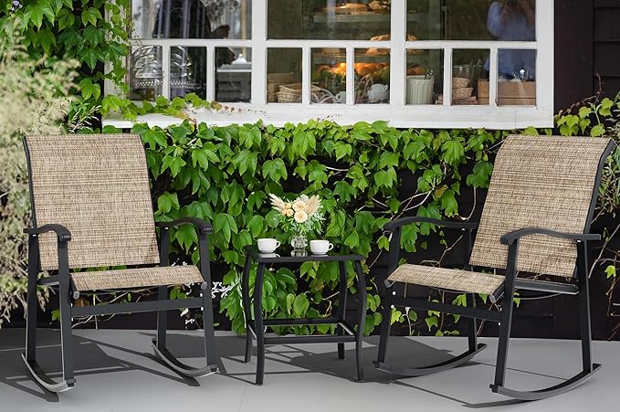 Vongrasig 3 Piece Outdoor Rocking Bistro Set, Textilene Fabric Small Patio Furniture Set, Front Porch Rocker Chairs Conversation Set with Glass Table for Lawn, Garden, Balcony, Poolside (Brown)