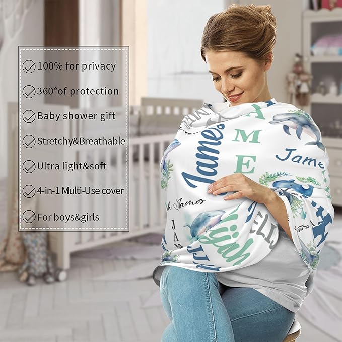Personalized Baby Car Seat Cover with Name Stroller Canopy Custom Whale Carseat Cover Newborn Baby Boy Girl Nursing Cover for Moms First Birthday Gift