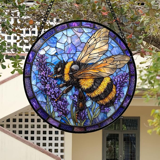 Stained Glass Window Hanging, Bee Lavender Sun Catchers Diamond Glass Panel Hangings Insect Suncatcher Decor for Birthday for Women, Men, Wife, Aunt, and Mom 14.9x14.9 in