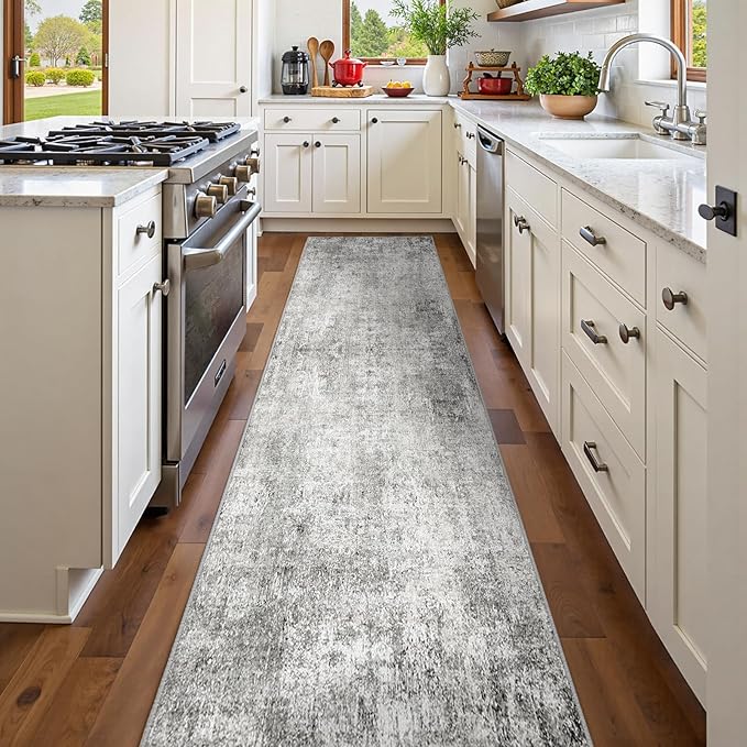 Washable Area Rugs 2'x10' Non-Slip Modern Abstract Soft for Living Room Entryway Bedroom Nursery, Print Pattern, Gray White Grey