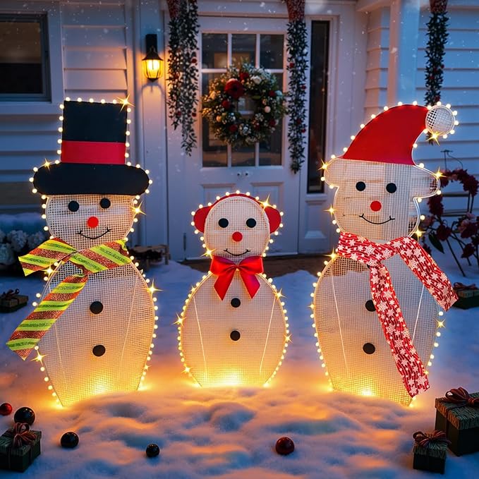 3-Piece Lighted Snowman Christmas Decorations Outdoor Yard Snow Man Family with 180 LED Lights, Snowman Yard Decorations, Christmas Yard Decorations for Outdoor Lighted Holiday Lawn Garden Porch
