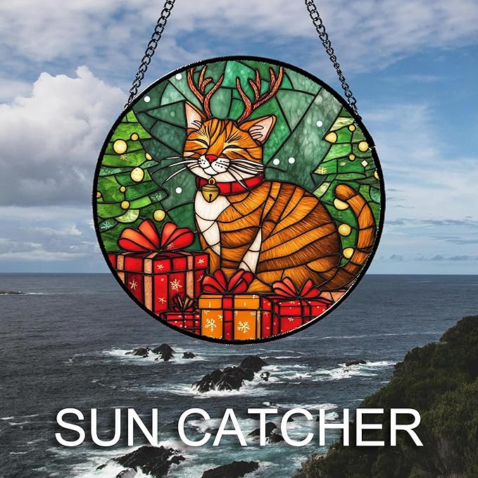 Stained Glass Window Hanging Orange Cat Elk Antler Large 11.8" - Suncatcher Door Garden Kitchen Sun Catcher Home Decor Birthday Gifts for Lost Pets Mom Men Woman Friend Grandma