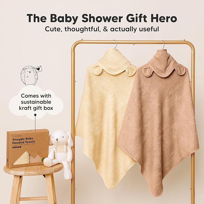 KeaBabies 2-Pack Hooded Baby Towels for Newborn - 30x30 Soft & Absorbent Viscose from Bamboo Baby Bath Towels with Hood for Infant, Toddler,Kids,Boys Girls,Newborn Bath Essentials (Almond, Petite)