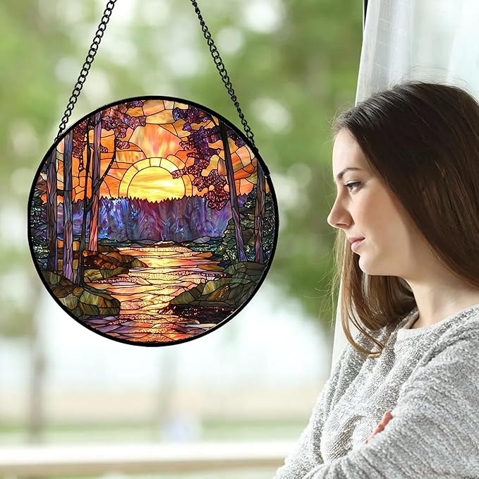 Stained Glass Window Hanging, Orange Landscape Green Purple Lake Forest Suncatcher for Doors Window Home Sun Catchers Decor Mother's Day Birthday Gifts for Women Men Mom 15 in