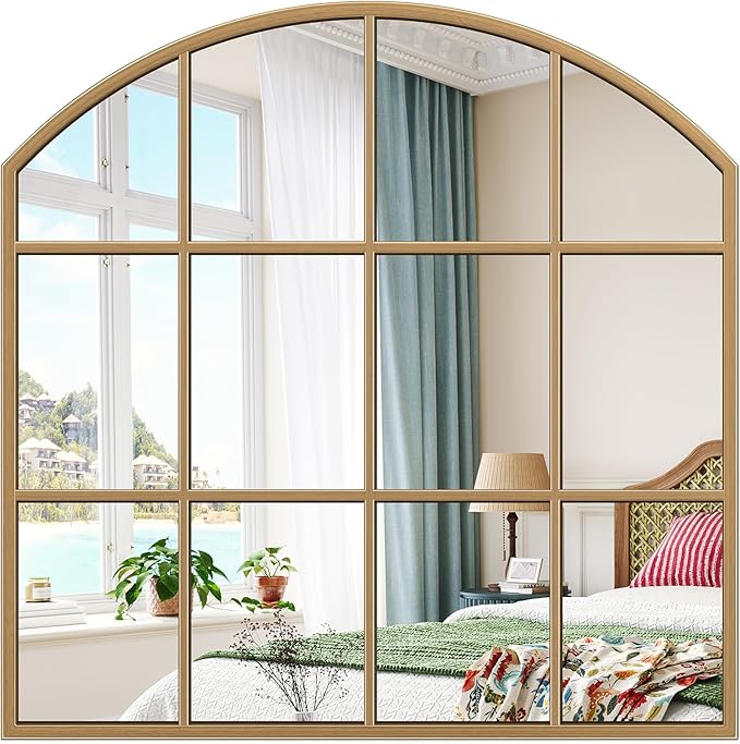 Window Pane Gold Mirror, 28" x 28" Farmhouse Arched Wall Mirror, Brass Rustic Arch Mirrors Large Grid Mirror for Living Room Bedroom Farmhouse Fireplace Hallway Entryway