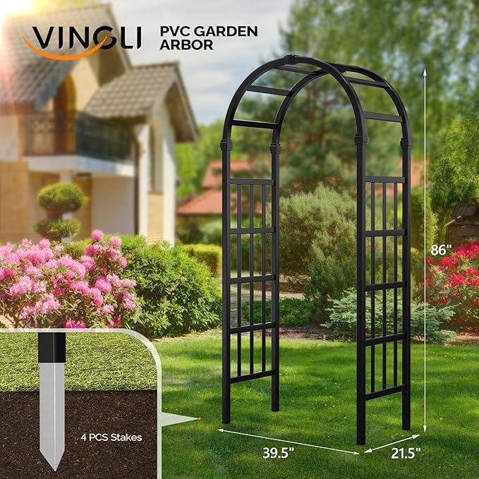 VINGLI Vinyl Garden Arbor, PVC Wedding Arch for Ceremony Party, Garden Trellis for Climbing Plants Outdoor, Arch Backdrop Stand for Garden, Backyard, Lawn (Black)