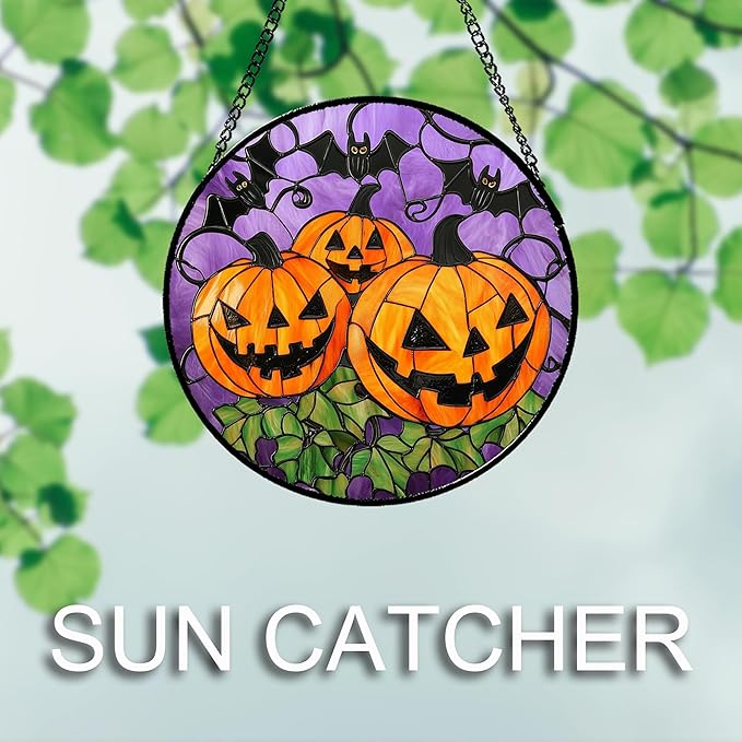 Stained Glass Window Hanging Halloween Scary 3 Bat and Pumpkin Monsters 7.8" - Suncatcher Door Garden Sun Catcher Gothic Home Decor Birthday Horror Gifts for Mom Men Woman Friend