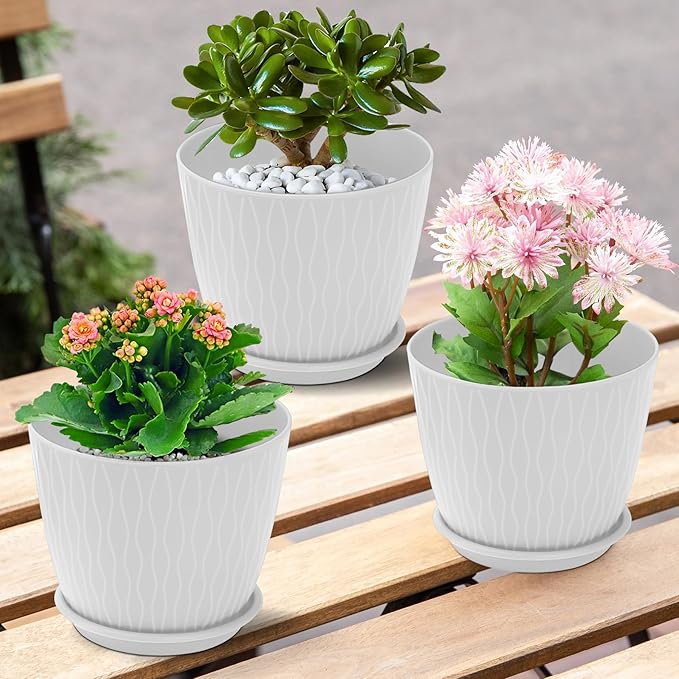 Plant Pots – 6 Inch Planters with Drainage Holes and Saucers, Flower Pots for Indoor and Outdoor Plants, Nursery Planting Pots (Pack of 5, White)