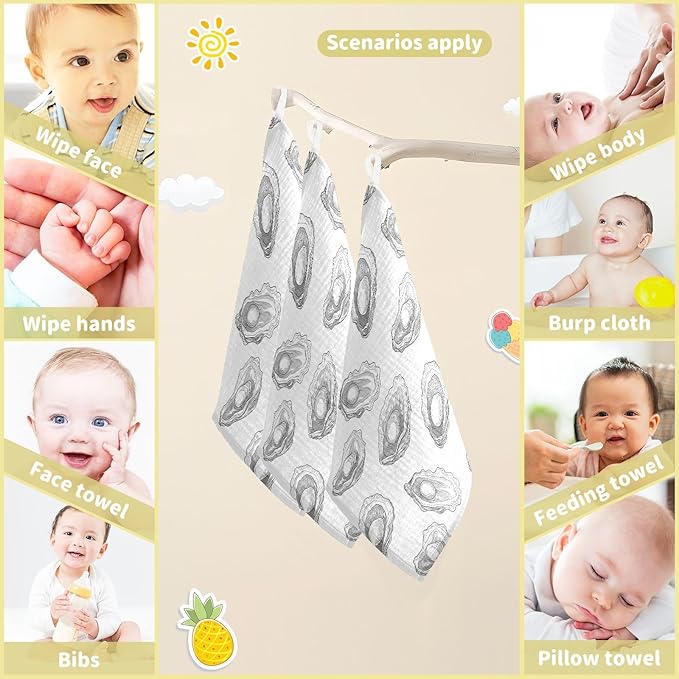 vvfelixl Baby Muslin Washcloths Hand-Drawn Pearl Oyster Baby Burp Cloths Cotton Babys Face Towel for Infants Soft 11.8 X 11.8 in, 3 Pack