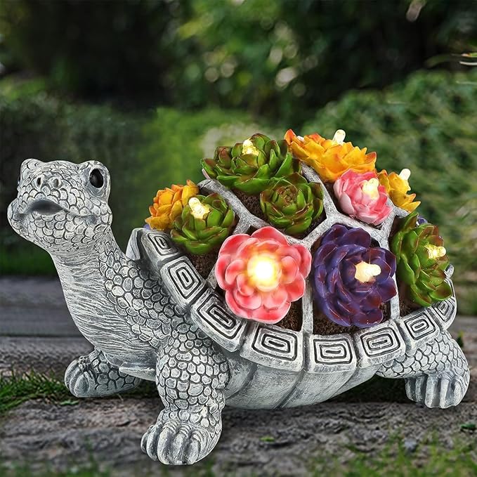 FORUP Turtle Garden Statue, Resin Turtle Figurine Garden Lawn Ornaments with Solar LED Lights for Outdoor Yard Garden Decorations, Grey