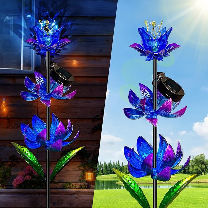 Solar Wind Spinner Outdoor, 63 Inch Metal Wind Spinner Yard Art with LED Lights, Three-Layer Flower Design Pinwheels for Yard and Garden Decor, Solar Garden Decor