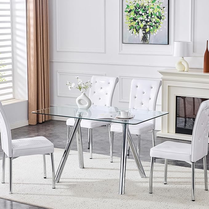 Modern Glass Dining Table for 6, 51.2" Rectangular Dining Table with Tempered Glass Top & Metal Legs, Kitchen Table for Dinner Dining Room Living Room