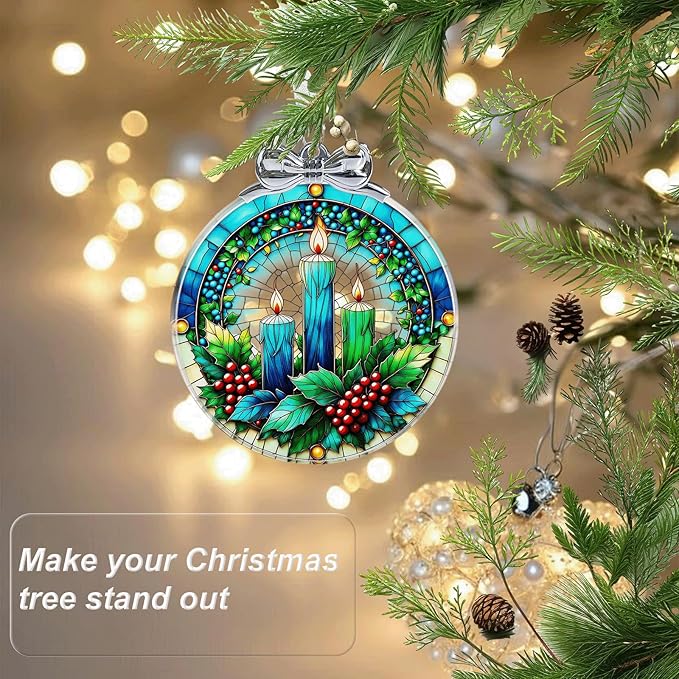 Christmas Candle Stained Glass Ornament - Hanging Ornaments for Christmas Tree, Christmas Ornaments Xmas Decorations, Holiday Keepsake Present Exchange Ideas