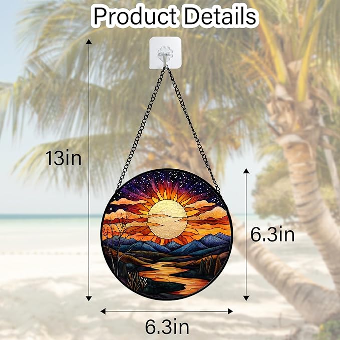 Stained Glass Window Hanging, The Sun Shines Brightly on Lake Sun Catchers Colorful Glass Panel Suncatcher Decor for Birthday for Women, Men, Wife, Lovers, and Mom 6.3 in