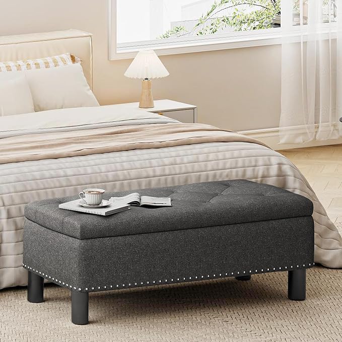 Furniliving Ottoman Bench with Storage, Folding Storage Ottoman Bench with Wood Legs, Upholstered Bedroom Bench with Button-Tufted, Entryway Bench Storage Bench for Bedroom, Linen (Darkgrey)