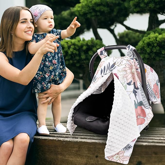 Car Seat Cover Baby, Infant Car Seat Canopy Covers for Newborn Girls Boys, Soft Breathable Minky Carseat Covers Stretchy Multi-Use Nursing Cover for Stroller Baby Car Seat, Daisy Flroal