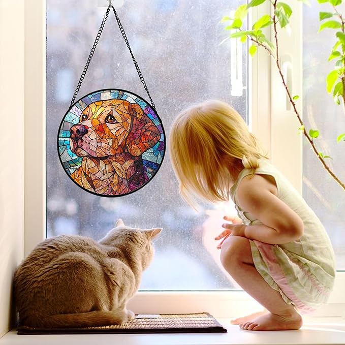 Stained Glass Window Hanging, Cute Dog Abstract Sun Catchers Colorful Glass Panel Texture Suncatcher Decor for Birthday for Women, Men, Wife, Aunt, and Mom 7.8 in