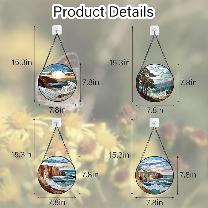 Stained Glass Window Hanging 4 Pcs Set Ocean Waves 7.8" - Blue and White Sea Suncatcher Door Garden Sun Catcher Decor Birthday Christmas for Mom Woman Nana Men