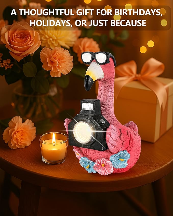 Solar Flamingo Garden Statue with Camera Light – 5.5in Tall Solar Powered Outdoor Figurine for Yard, Patio, Balcony – Funny Garden Decor, Gift for Women (Flamingo)