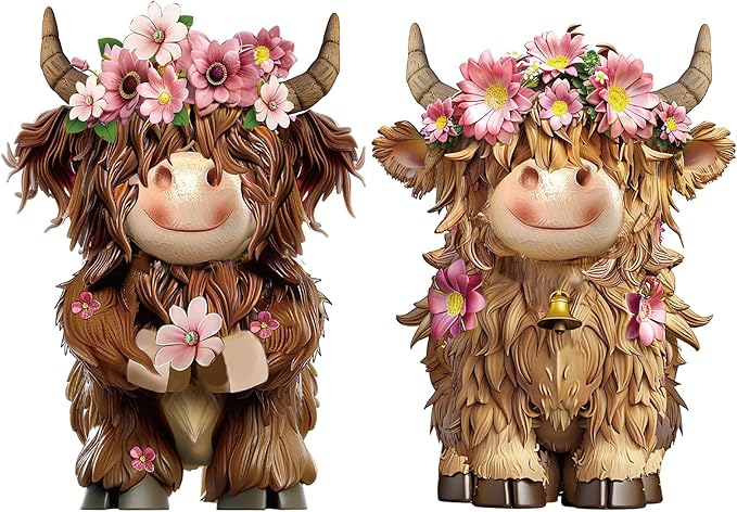 2 Pcs Highland Cow Figurines Decor Daisy Flower Highland Cow Gnomes Resin Statue Calf Lovers Gifts for Farmhouse Home Garden Kitchen Office Tiered Tray Table Decor
