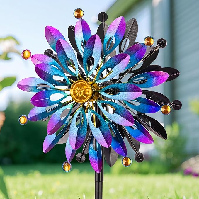 Metal Wind Spinner Outdoor - 63 inch Large Double Kinetic Art Garden Wind Sculpture & Spinners 360° Dual Direction Swivel Waterproof Windmill for Yard Patio Lawn Decoration