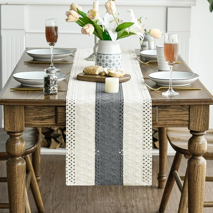 Artoid Mode Dark Grey Farmhouse Rustic Table Runner, Seasonal Holiday Hollow Kitchen Dining Table Decoration for Home Party Decor 12x36 Inch