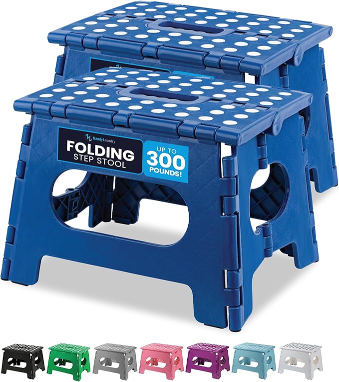 Handy Laundry Folding Lightweight Step Stool - Sturdy Enough to Support Adults and Safe Enough for Kids - Opens Easy with One Flip - Great for Kitchen, Bathroom or Bedroom (Blue | 2-Pack)