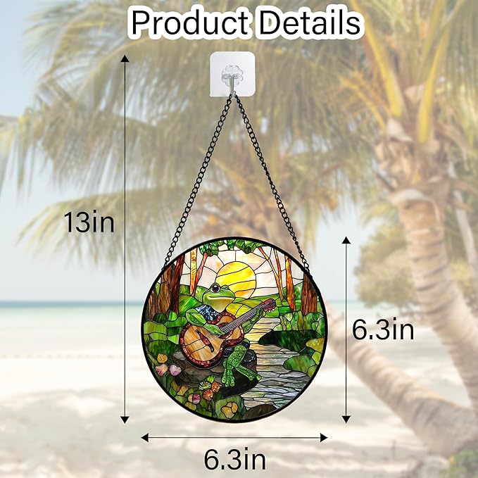 Stained Glass Window Hanging, Frog Playing Guitar Suncatcher Diamond Glass Panel Funny Sun Catchers Decor for Birthday for Women, Men, Wife, Aunt, and Mom 6.3 in